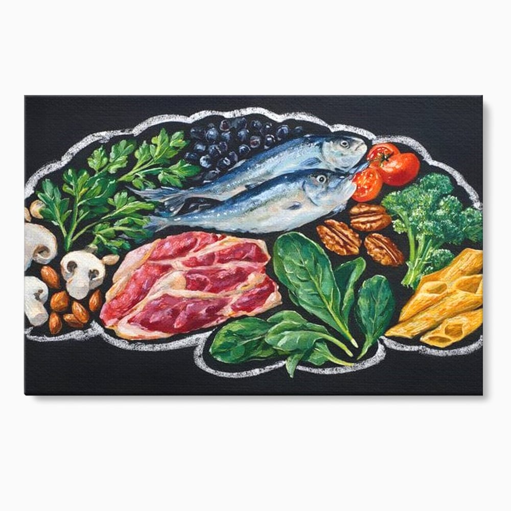 Tablou canvas cu pictura cu alimente variate pe fundal negru, fara rama, pe sasiu de lemn